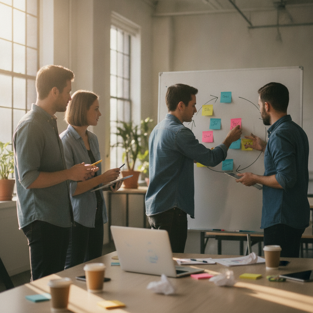 A team collaborates around a whiteboard to map an AI workflow.