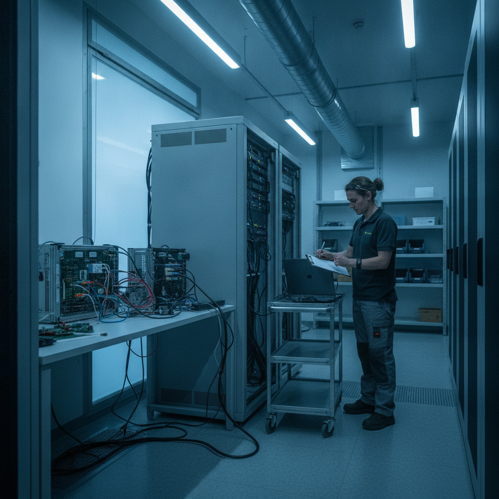 An engineer reviews a production checklist beside server racks.