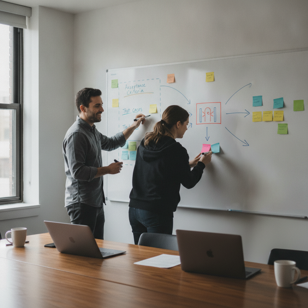 Two coworkers map out acceptance criteria and test cases on a whiteboard.