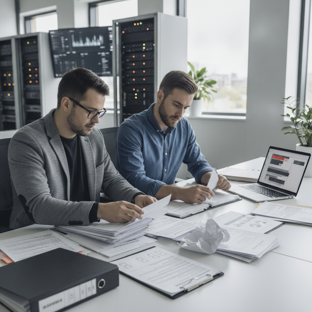 Two people review audit logs and export records in an operations room.